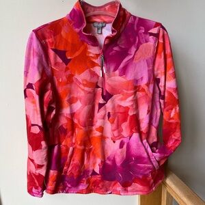 Talbots French Terry Half Zip pullover Pink Rose Blended Floral Medium Petite